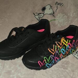 Skechers Black Sneakers with Colorful Heart Accents
